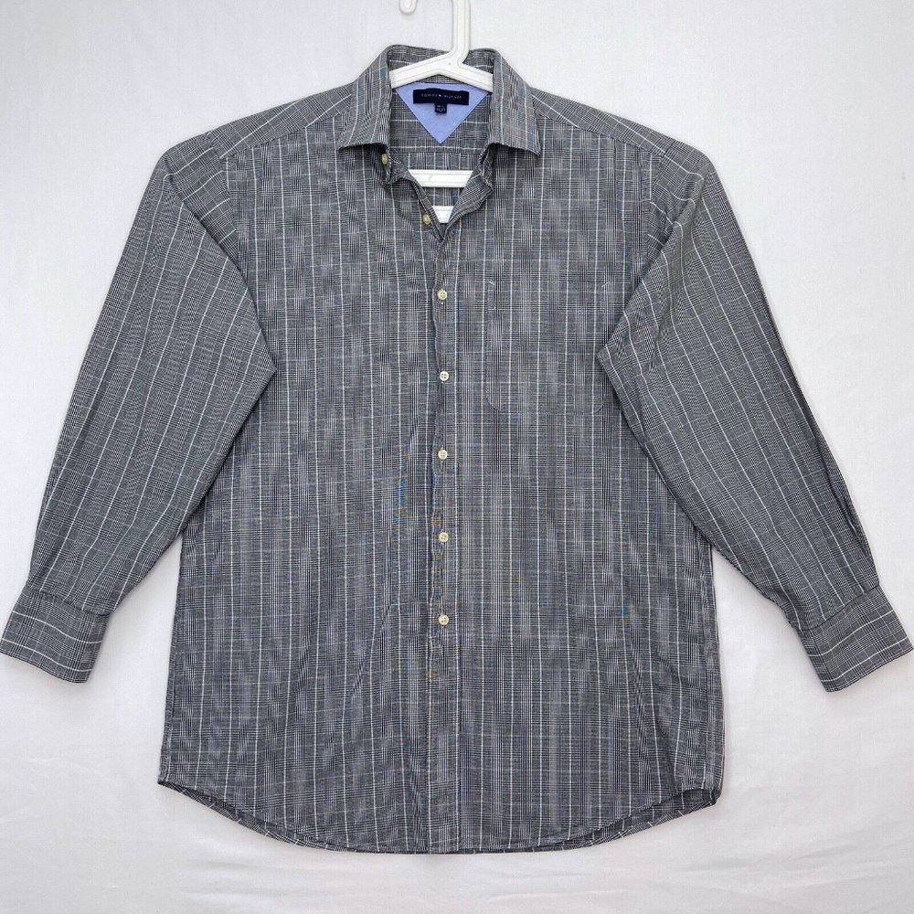 Tommy Hilfiger Mens Medium Button Front Shirt Black and White Plaid Long Sleeves